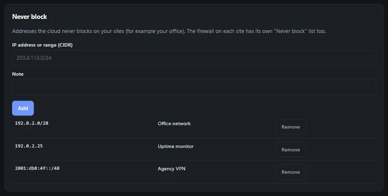 The never-block list in the Shieldix Cloud panel: an office network, an uptime monitor and a VPN range, each with a note.