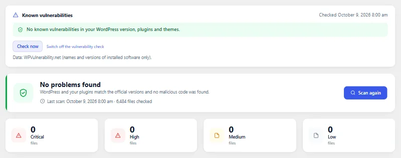 The Files tab of the Shieldix plugin: no known vulnerabilities, and the last file scan found no problems.