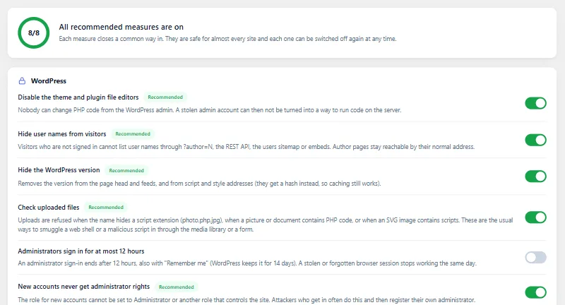 The Hardening tab of the Shieldix plugin: all recommended measures are on, each with a switch and a short explanation.