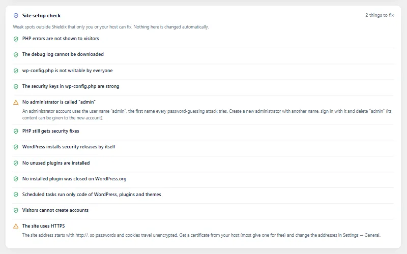 The site setup check of the Shieldix plugin: most checks pass, and two things to fix are explained.